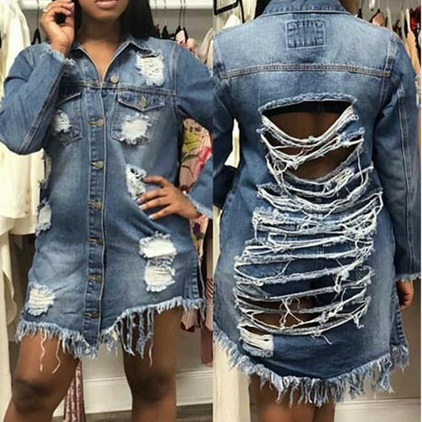 Women's Trendy Hole Patch Denim Ripped Jeans BLUE JACKET Coat Outwear